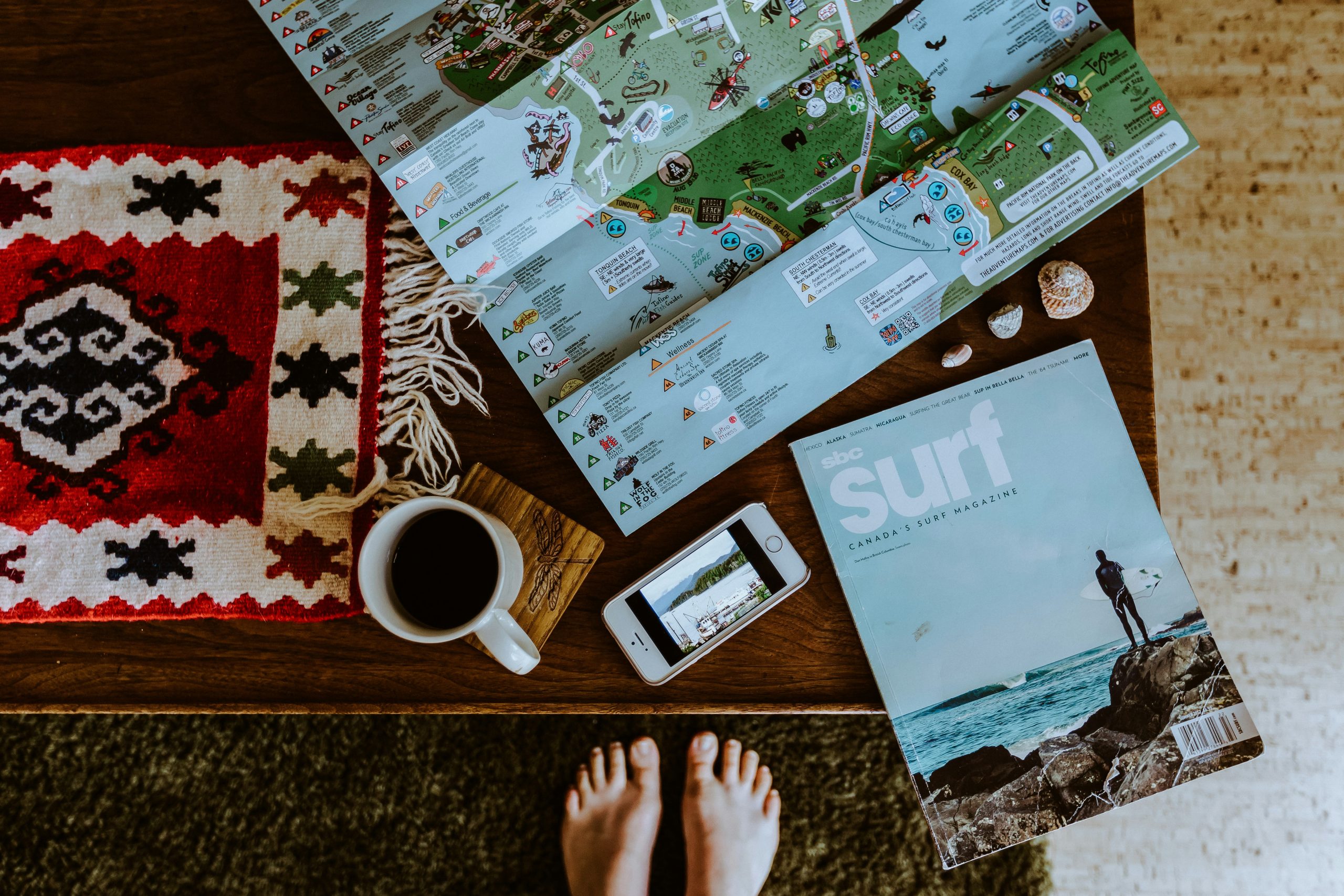 someone with coffee and a map