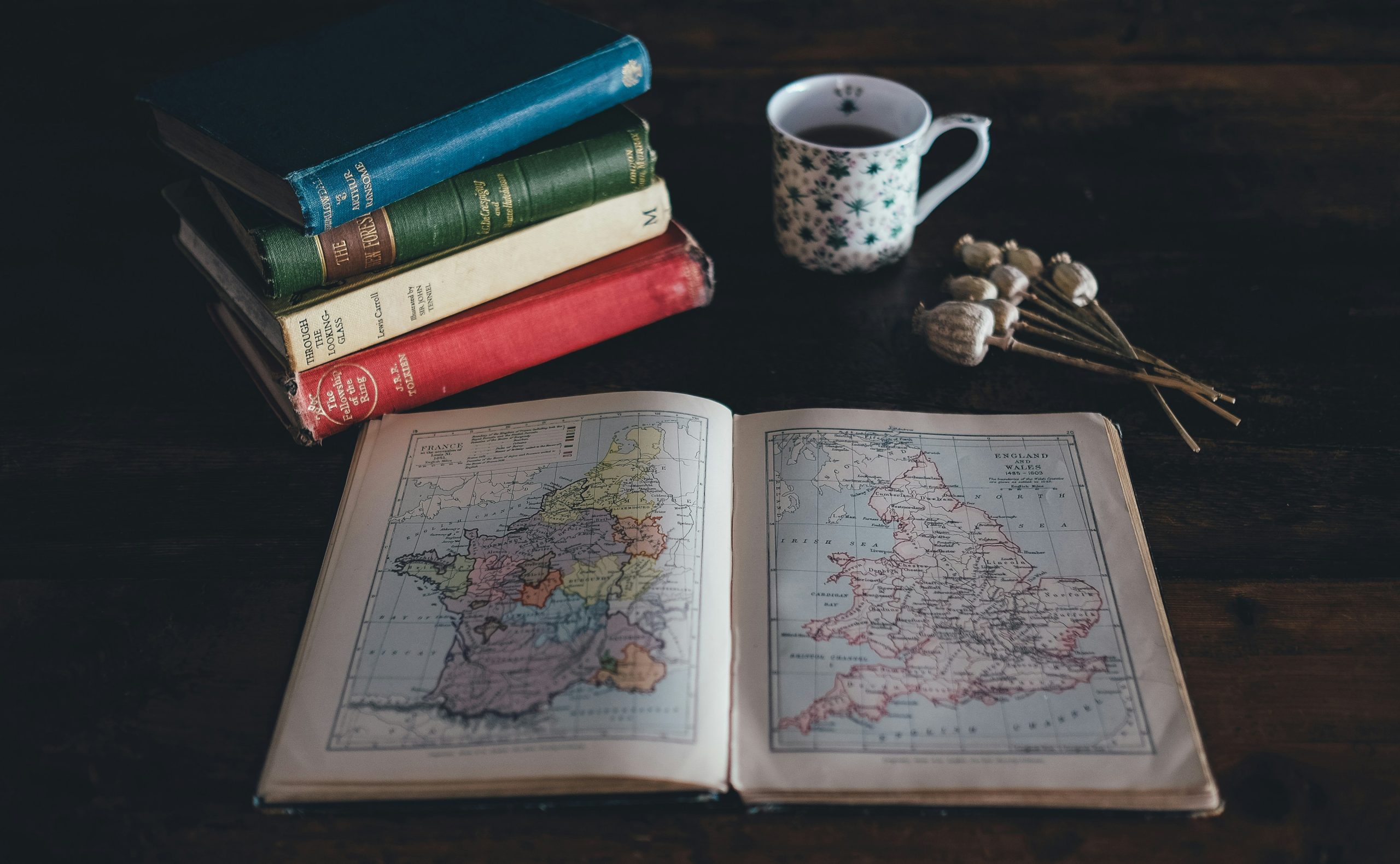 a map and books for research